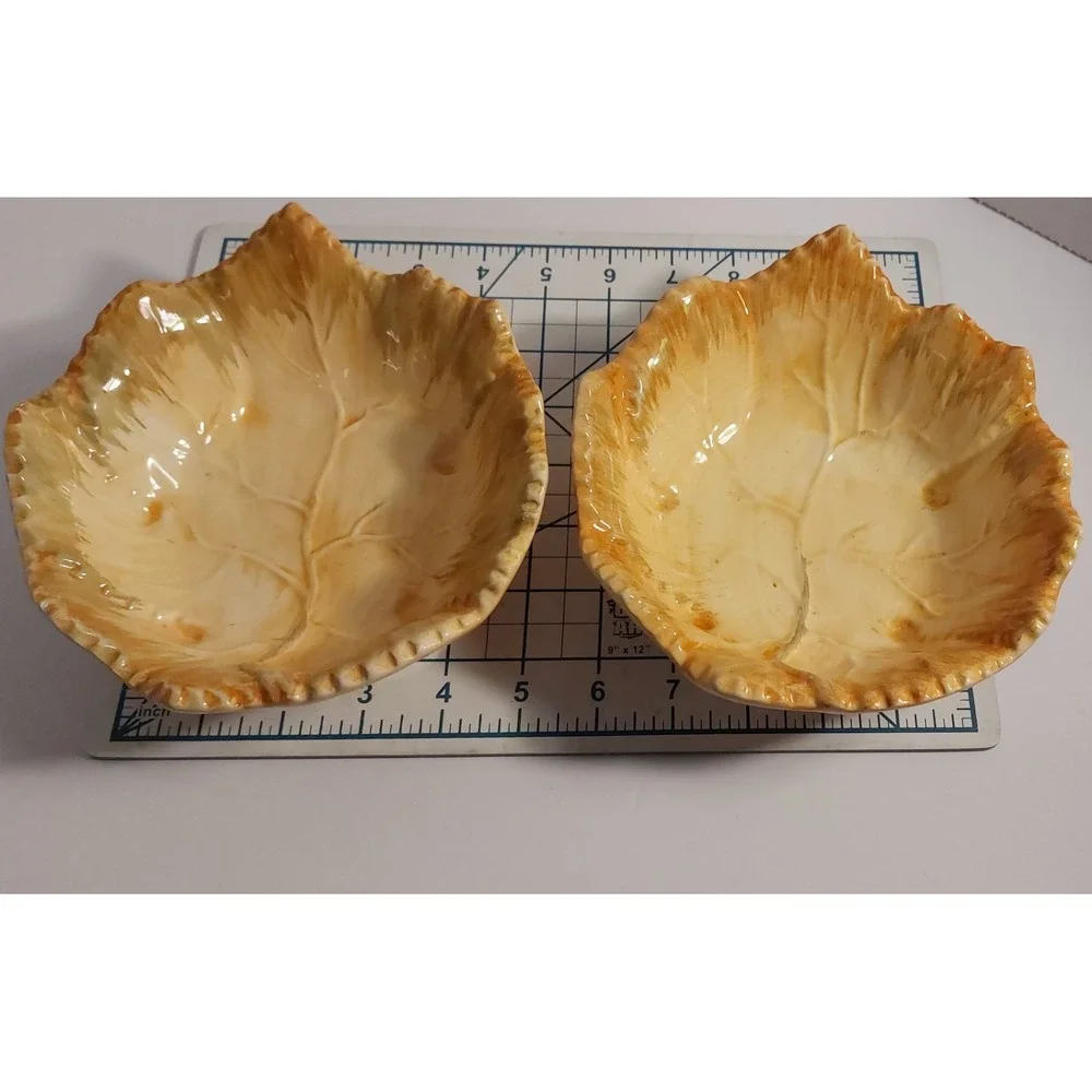 Set Of 2 Vtg Ceramic Leaf Bowl Candy Dish Portugal Yellow 2